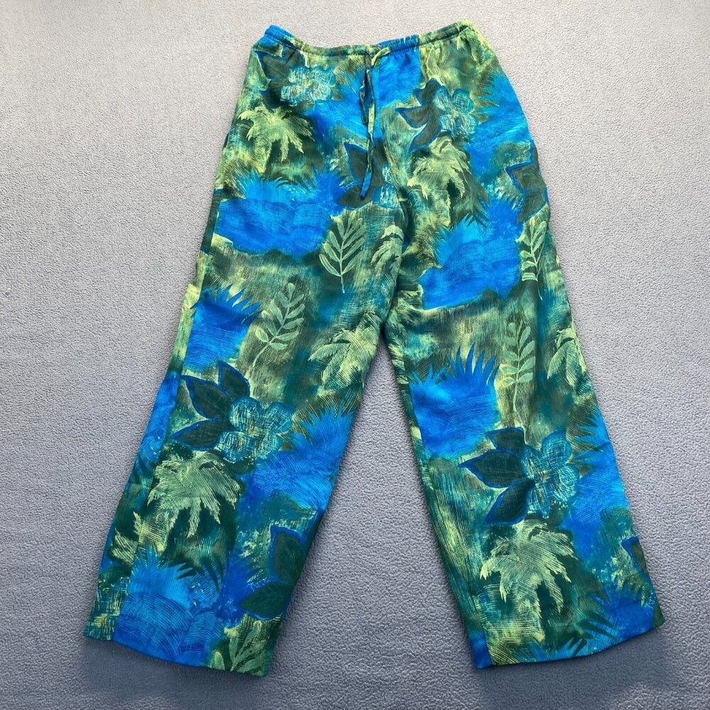 VTG GANTOS  Pants Coverup Size Large Teal Green Palm,Floral.Drawstring,Pockets